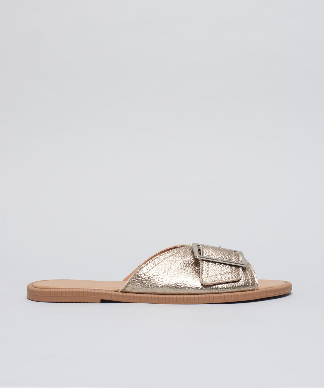 Rasteira Couro Fivela Laura - Prata Velho